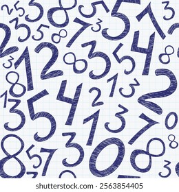 Mathematical vector seamless pattern with handwritten digits from 0 to 9, copybook grid paper