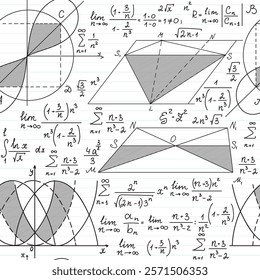 Mathematical vector seamless pattern with handwritten math and physics formulas, equations and figures