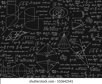 Mathematical vector seamless pattern with handwritten formulas, calculations, equations, chalk on grey board text effect