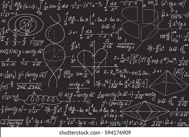 Mathematical vector seamless pattern with handwritten geometrical plots, formulas and calculations. Endless texture. You can use any color of background