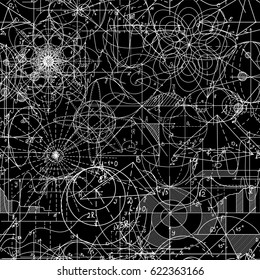 Mathematical vector seamless pattern with handwritten figures, formulas and equations, shuffled together. You can use any color of background