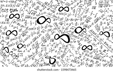 Mathematical vector seamless pattern with infinity signs and other handwritten formulas and equations. Endless math texture