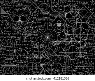 Mathematical vector seamless pattern with math calculations, formulas, plots, figures and equations shuffled together. You can use any color of background