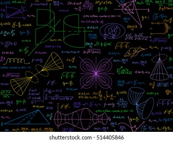 Mathematical vector seamless pattern with multicolored handwritten calculations, formulas, equations, plots and functions
