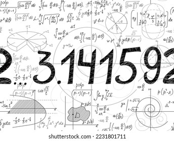Mathematical vector seamless pattern with pi number and handwritten formulas and figures. 