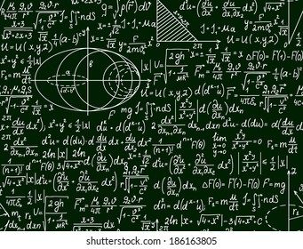 Mathematical vector seamless pattern with plots and formulas on a green background