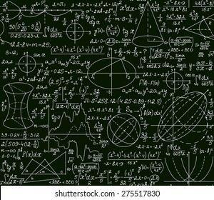 Mathematical vector seamless pattern with plots and formulas on a green background