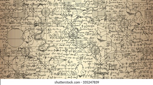 Mathematical vector seamless pattern with plots and formulas shuffled together, "handwritten on the old paper"