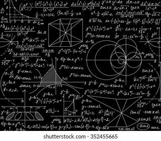 Mathematical vector seamless pattern with plots, formulas, geometrical figures and calculations. You can use any color of background