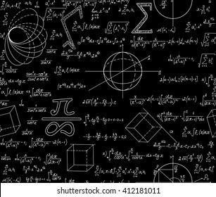 Mathematical vector seamless pattern with various algebra signs, formulas, calculations, equations, numbers. Math endless texture, "handwritten with chalk on blackboard" effect