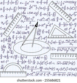 Mathematical vector seamless texture with formulas and geometrical tools, "handwritten on a grid copybook paper"