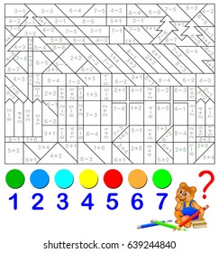 Mathematical worksheet for children on addition and subtraction. Need to solve examples and paint the image in relevant colors. Developing skills for counting. Vector image.