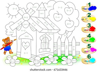 Mathematical worksheet for children on addition and subtraction. Need to solve examples and paint the image in relevant colors. Developing skills for counting. Vector image.