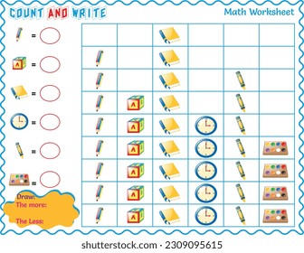 Mathematical Worksheet Count and Write for Kids, numbers 1 to 9, learning math for children