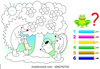 Mathematical worksheet for young children on addition and subtraction. Need to solve examples and paint the picture in relevant colors. Developing skills for counting. Vector image.