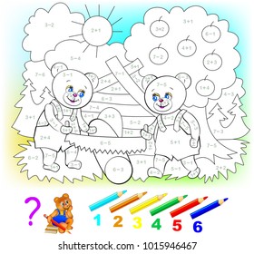 Mathematical worksheet for young children on addition and subtraction. Need to solve examples and paint the picture in relevant colors. Developing skills for counting. Vector image.