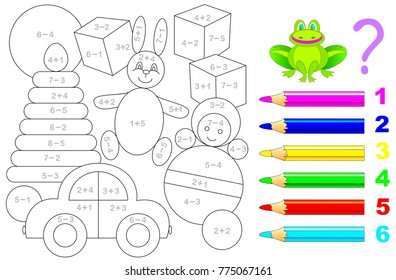 Mathematical worksheet for young children on addition and subtraction. Need to solve examples and paint the picture in relevant colors. Developing skills for counting. Vector image.