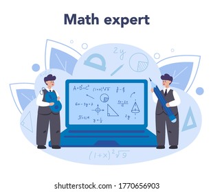 Mathematician concept. Mathematician seek and use scientific pattern and research to formulate new calculation. Math scientist resolve the truth and falsiy of conjecture. Vector illustration.