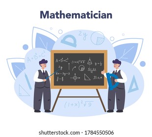 Concepto matemático. Los matemáticos buscan y usan patrones e investigaciones científicas para formular nuevos cálculos. Los científicos matemáticos resuelven la verdad y la falsificación de la conjetura. Ilustración vectorial.