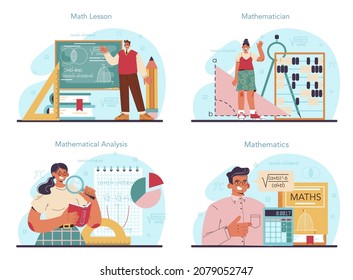 Mathematician concept set. Mathematician use scientific formulas and diagrams to research and formulate new calculation. Math analysis and conjecture computing. Vector flat illustration