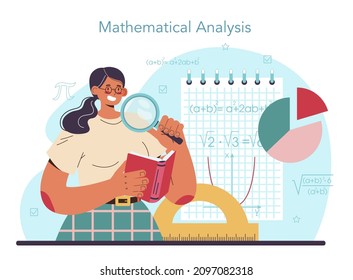 Mathematician concept. Mathematician use scientific formulas and diagrams to research and formulate new calculation. Math analysis and conjecture computing. Vector flat illustration