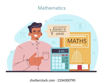 Mathematician concept. Mathematician use scientific formulas and diagrams to research and formulate new calculation. Math analysis and conjecture computing. Vector flat illustration