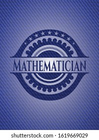 Mathematician emblem with denim high quality background. Vector Illustration. Detailed.