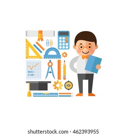 Mathematician in flat style icons on engineering topic. Engineering class character.