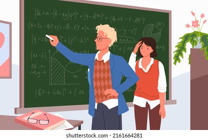 Mathematician male writing on blackboard. School math teacher lesson, learning formulas, mathematics education, tutor and pupil, solving and explaining algebra vector illustration