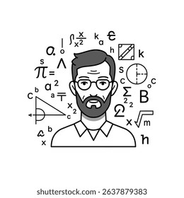 Mathematician with Mathematical Symbols White Background Abstract Problem Solving Expert