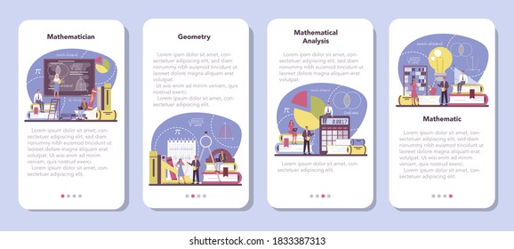 Mathematician mobile application banner set. Mathematician seek and use scientific pattern and research to formulate new calculation. Math analysis and conjecture computing. Vector illustration.