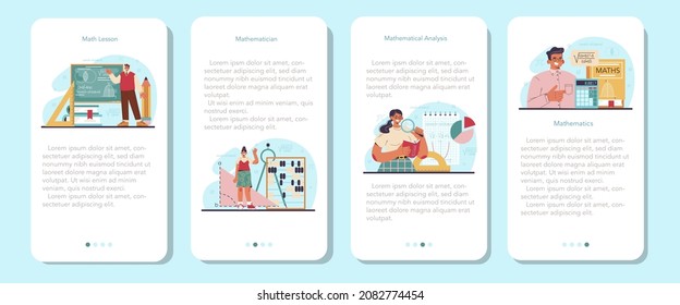Mathematician mobile application banner set. Mathematician use formulas and diagrams to research and formulate new calculation. Math analysis and conjecture computing. Vector flat illustration