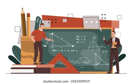 Mathematician near chalkboard. Two men near blackboard with formulas. Lecture in university. Education, learning and training. Cartoon flat vector illustration isolated on white background