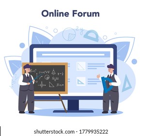 Mathematician online service or platform. Mathematician seek and use scientific pattern. Online forum. Vector illustration.