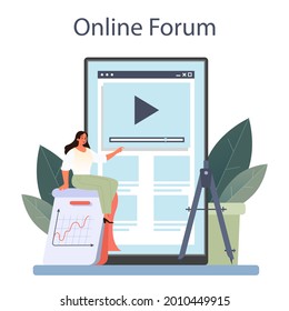Mathematician online service or platform. Mathematician use scientific pattern to formulate new calculation. Online forum. Vector illustration.