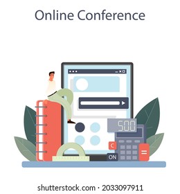Mathematician online service or platform. Mathematician use scientific pattern to formulate new calculation. Online conference. Vector illustration.