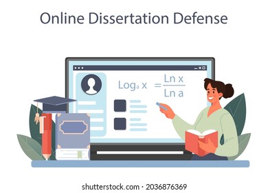 Mathematician online service or platform. Mathematician use scientific pattern to formulate new calculation. Online dissertation defense. Vector illustration.