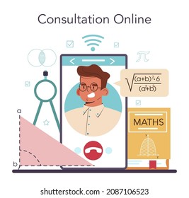 Mathematician online service or platform. Mathematician use formulas and diagrams to research and formulate new calculation. Online consultation. Vector flat illustration