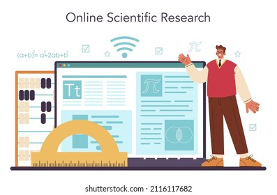 Mathematician online service or platform. Mathematician use formulas and diagrams to research and formulate new calculation. Online research. Vector flat illustration