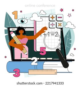 Mathematician online service or platform. Mathematician use scientific formulas and diagrams to research and formulate new calculation. Math analysis. Online conference. Vector flat illustration