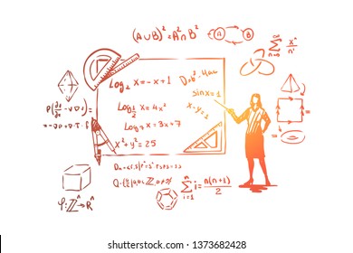 Mathematician with pointer, theorem proof, stationery tools,complex equations and formulas. Scientist occupation, mathematics teacher profession concept sketch. Hand drawn vector illustration