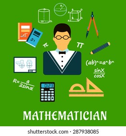 Mathematician profession concept with teacher in glasses encircled by formulas, calculator, rulers, compasses, pencil, textbooks, drawing and geometric figures