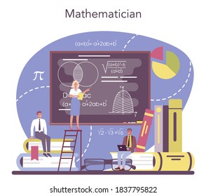 Mathematician. Mathematician seek and use scientific pattern and research to formulate new calculation. Math analysis and conjecture computing. Vector illustration.