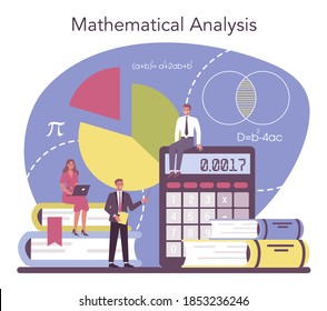Mathematician. Mathematician seek and use scientific pattern and research to formulate new calculation. Math analysis and conjecture computing. Vector illustration.