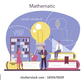 Mathematician. Mathematician seek and use scientific pattern and research to formulate new calculation. Math analysis and conjecture computing. Vector illustration.
