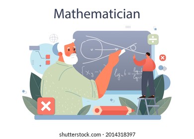 Mathematician. Mathematician seek and use scientific pattern and research to formulate new calculation. Math analysis and conjecture computing. Vector illustration.