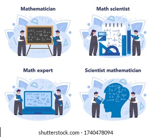 Conjunto matemático. Los matemáticos buscan y usan patrones e investigaciones científicas para formular nuevos cálculos. Los científicos matemáticos resuelven la verdad y la falsificación de la conjetura. Ilustración vectorial.
