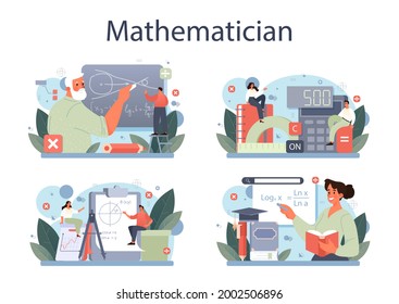 Mathematician set. Mathematician seek and use scientific pattern and research to formulate new calculation. Math analysis and conjecture computing. Vector illustration.