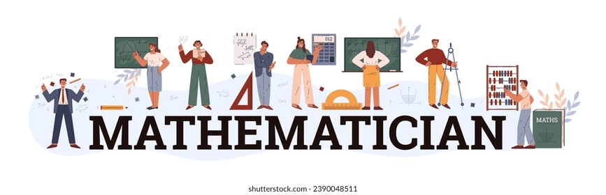 Mathematician, set of vector illustrations with people isolated on white background. Male and female characters, scientists or teachers. Horizontal template for scientific design. Flat cartoon style
