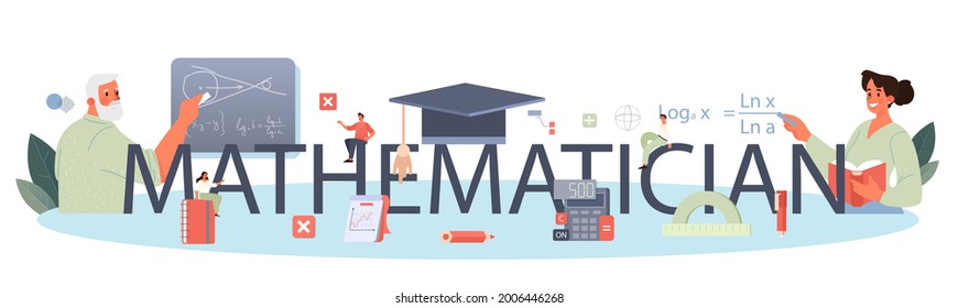 Mathematiker-Typografie-Header Mathematiker suchen und verwenden wissenschaftliche Muster und Forschung, um neue Berechnungen zu formulieren. Mathematik-Analyse und Vermutung-Computing. Vektorgrafik.